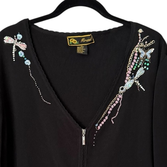 Vintage Black Cardigan Sweater Size XL Rhinestone Embroidered Dragonfly - Picture 3 of 17